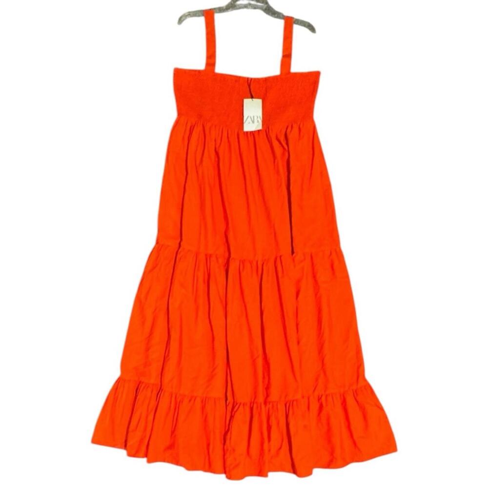 NWT ZARA Orange Smocked Tiered Midi Dress Summer Holiday Gift Ready Sz XXL - Picture 2 of 6
